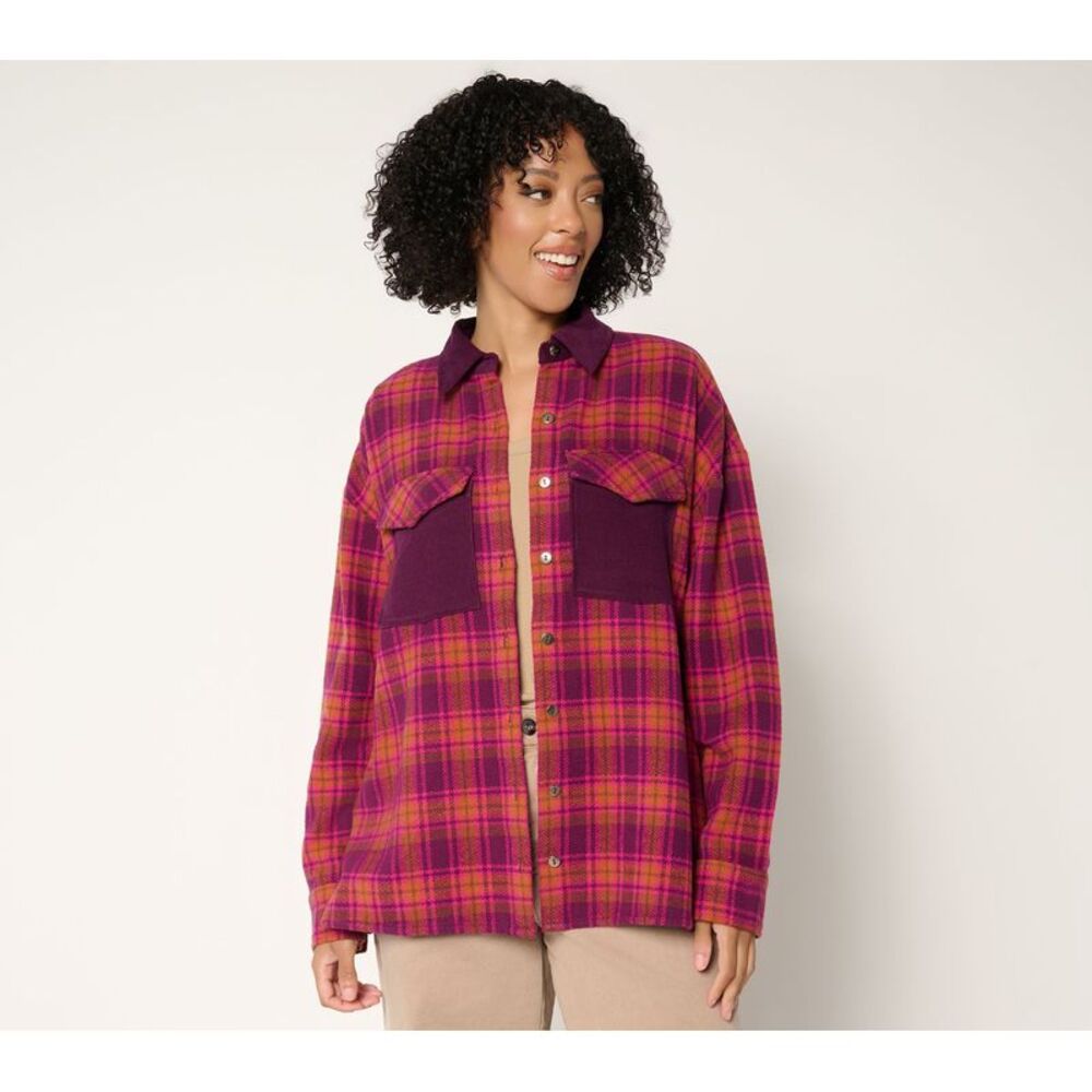Peace Love World Women's Jacket Sz XL Brushed Flannel Plaid w Red A704645